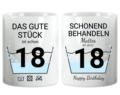 Geburtstageschenk personalisierte Tasse -  18 Jahre Schonend behandeln - das gut Stück ist 18mit Geburtstagszahl und Namenpersonalisiert. Geschenkidee Geburtstag  Volljahrigkeit