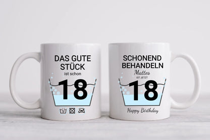 Geburtstageschenk personalisierte Tasse -  18 Jahre Schonend behandeln - das gut Stück ist 18mit Geburtstagszahl und Namenpersonalisiert. Geschenkidee Geburtstag  Volljahrigkeit