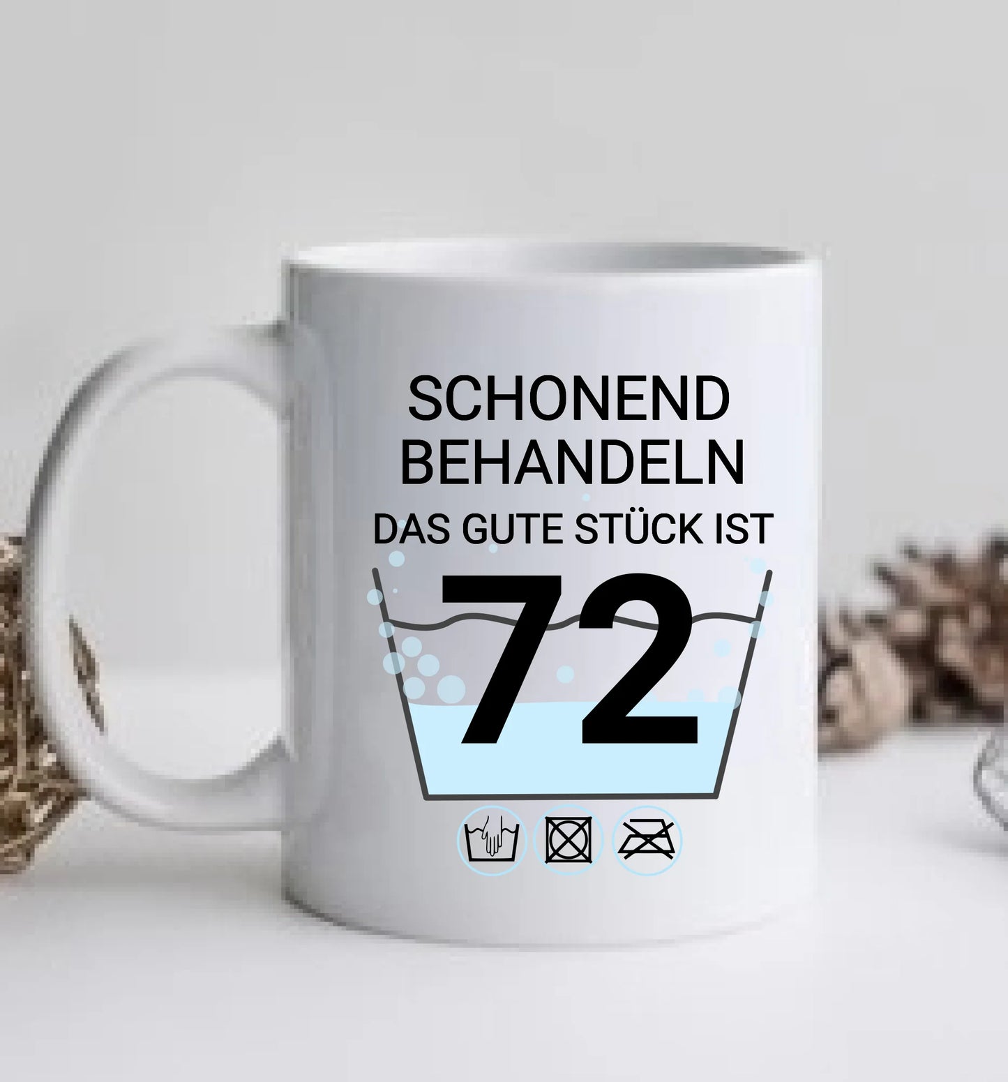 Geburtstageschenk personalisierte Fototasse - Schonend behandeln - das gut Stück ist 72, 52, 60, 70 mit Namen und Foto personalisiert. Geschenkidee Geburtstag  Mama. Papa, Oma und Opa.