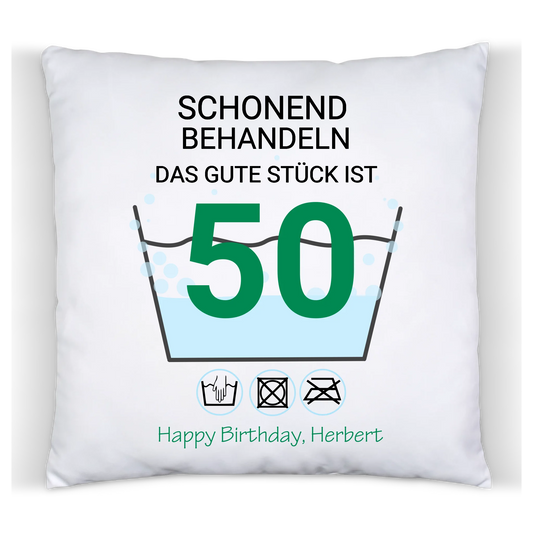 Geburtstageschenk personalisiertes Kissen für alle Jahrgänge, gerade und krumme Zahlen  - Schonend behandeln - das gut Stück ist 35, 40, 50, 60, 70 mit Namen und Foto personalisiert. Geschenkidee Geburtstag  Mama. Papa, Oma und Opa.
