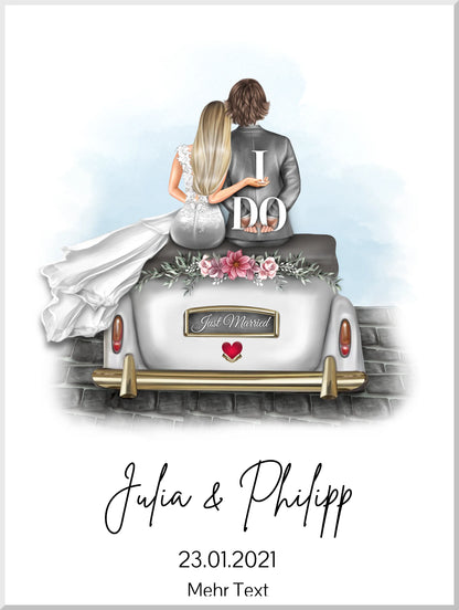 Hochzeitspaar im Hochzeitsauto | Personalisiertes Poster Hochzeitsgeschenk | Geschenk Wedding Car Hochzeit