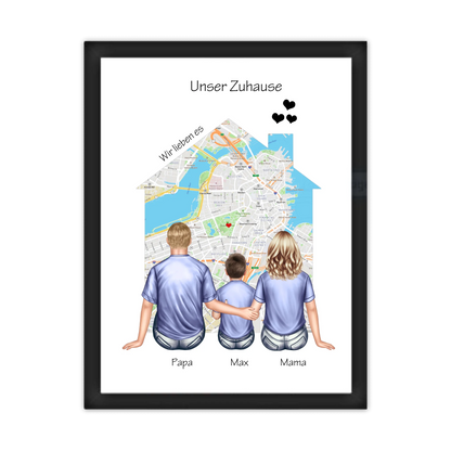 Unser Zuhause Familienbild Eltern mit 1 Kind Poster als Einzugsgeschenk in Wohnung, Haus