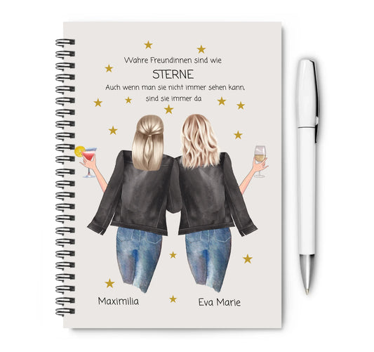 Personalisiertes Geschenk 2 beste Freundinnen Collegeblock. Individuell gestaltbar mit Outfit, Frisur, Namen und Wunschtext als Überraschungsgeschenk und Geburtstagsgeschenk.