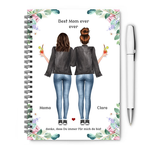 Personalisiertes Geschenk für Mama von Tochter Collegeblock, gestaltbar mit Outfit, Frisur, Namen und Wunschtext als Geburtstagsgeschenk und Überraschungsgeschenk.