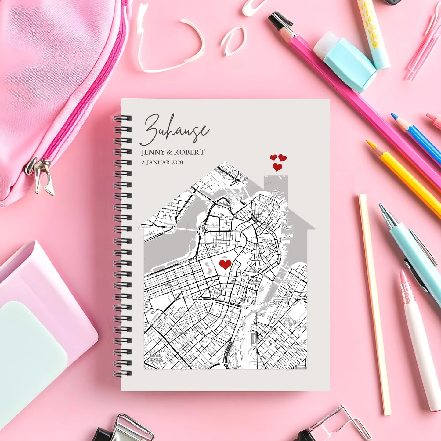 Personalisierter Collegeblock / Notizblock Zuhause Stadtkarte Motiv Geburtstagsgeschenk, Geschenk Hochzeitstag