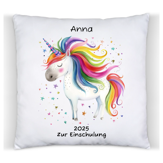 Personalisiertes Kissen & Kuscheldecke Mädchen Einhorn - Geburtstagsgeschenk Satinkissen Satinkissen 40x40cm