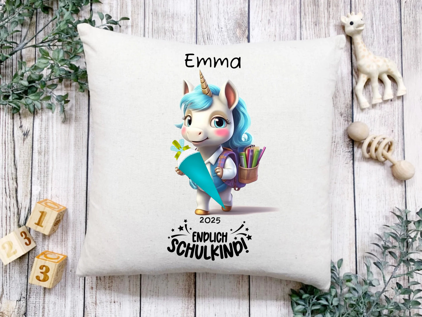 Schulkind 2024 | Einschulung Geschenk Kinder Tasse Becher Kissen Einhorn Mädchen personalisiert | Einschulungsgeschenk | Schulbeginn 1. Klasse