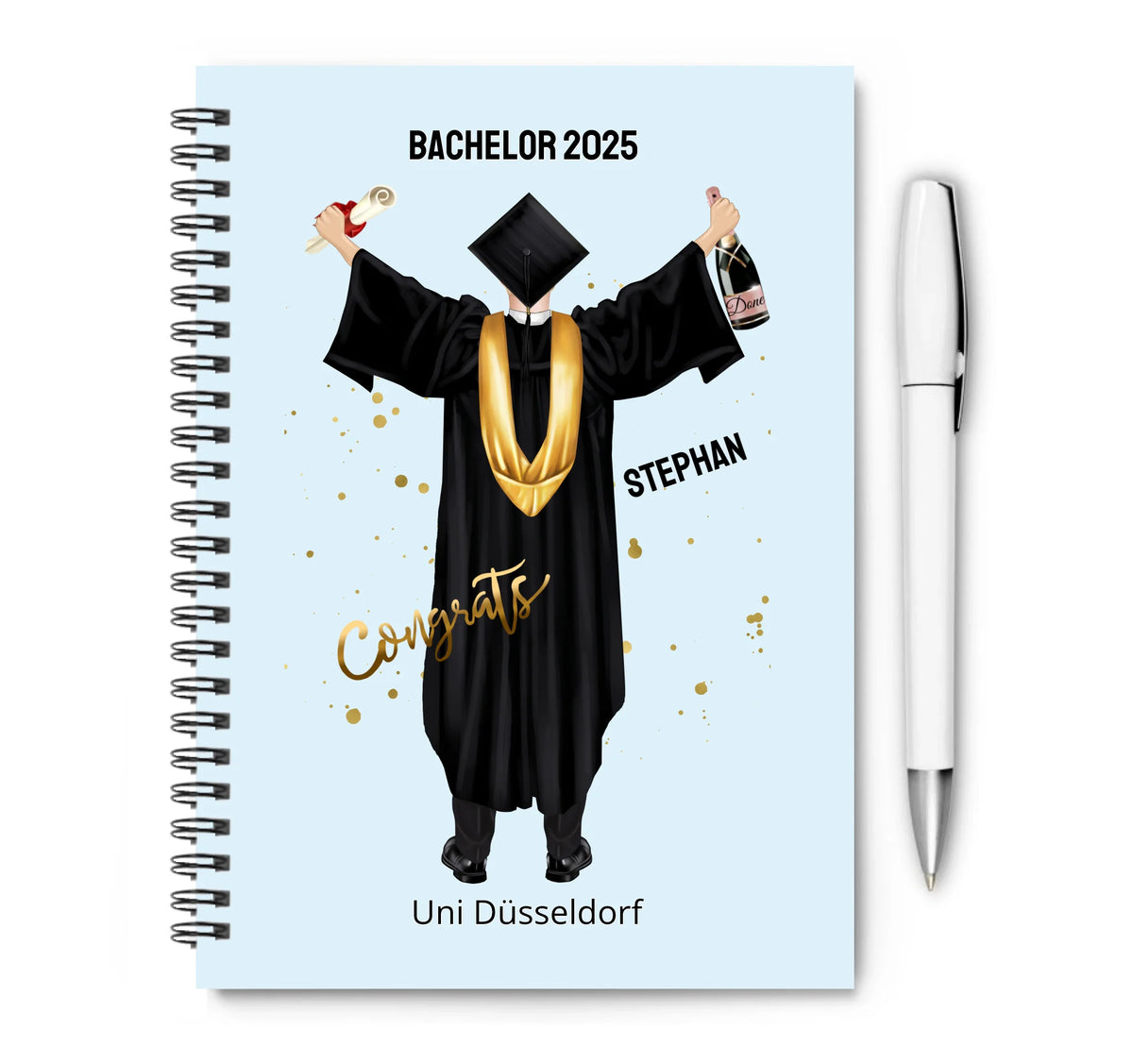 Personalisierter Collegeblock / Notizblock Abschlußgeschenk Abitur, Bachelor, Master oder Doktor mit Namen Mann Collegeblock liniert default