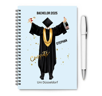 Personalisierter Collegeblock / Notizblock Abschlußgeschenk Abitur, Bachelor, Master oder Doktor mit Namen Mann Collegeblock liniert default