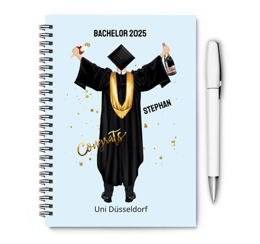 Personalisierter Collegeblock / Notizblock Abschlußgeschenk Abitur, Bachelor, Master oder Doktor mit Namen Mann Collegeblock liniert default