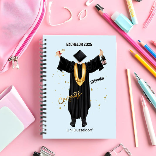 Personalisierter Collegeblock / Notizblock Abschlußgeschenk Abitur, Bachelor, Master oder Doktor mit Namen Mann