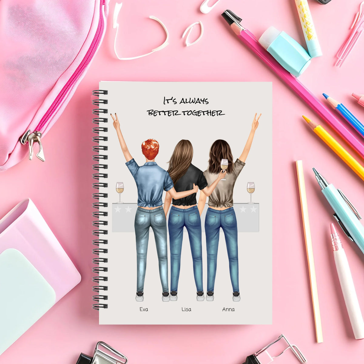 Personalisierter Collegeblock / Notizblock - 3 beste Freundinnen in Feierlaune - better together