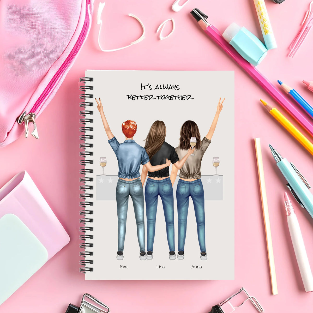 Personalisierter Collegeblock / Notizblock - 3 beste Freundinnen in Feierlaune - better together