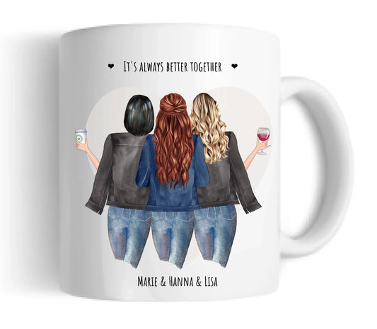 Freundin Geschenk personalisierte Tasse mit 3 Frauen, Name und Spruch
