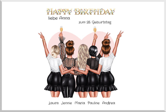 Beste Freundin Bild Geschenk zum Geburtstag | Personalisiertes Poster mit 5 Freundinnen Leinwanddruck Leinwandbild