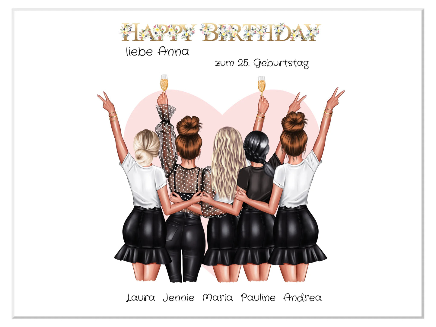 Beste Freundin Bild Geschenk zum Geburtstag | Personalisiertes Poster mit 5 Freundinnen