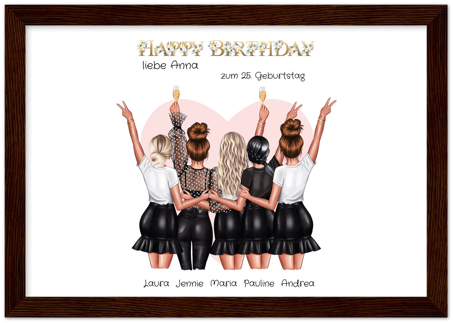 Beste Freundin Bild Geschenk zum Geburtstag | Personalisiertes Poster mit 5 Freundinnen