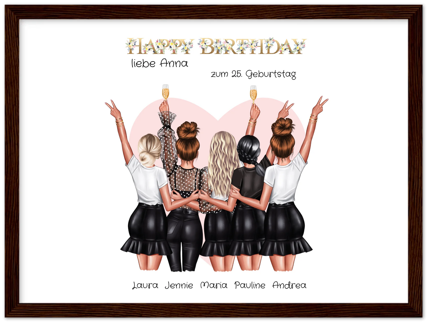 Beste Freundin Bild Geschenk zum Geburtstag | Personalisiertes Poster mit 5 Freundinnen