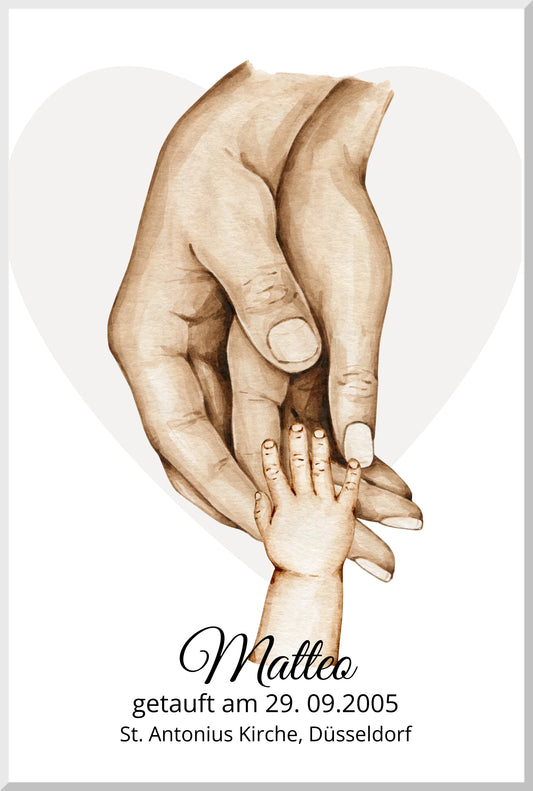 Taufgeschenk mit Namen und Datum | Personalisiertes Babygeschenk | Geschenk zur Taufe | Familiengeschenk Hände Motiv Leinwanddruck Leinwandbild