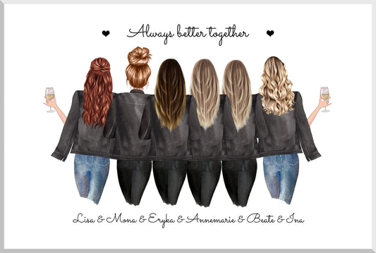 6 beste Freundinnen Bild | Poster Geschenk personalisiert mit Spruch | Geburtstagsgeschenk Freundin, Schwester, Kollegin Leinwanddruck Leinwandbild
