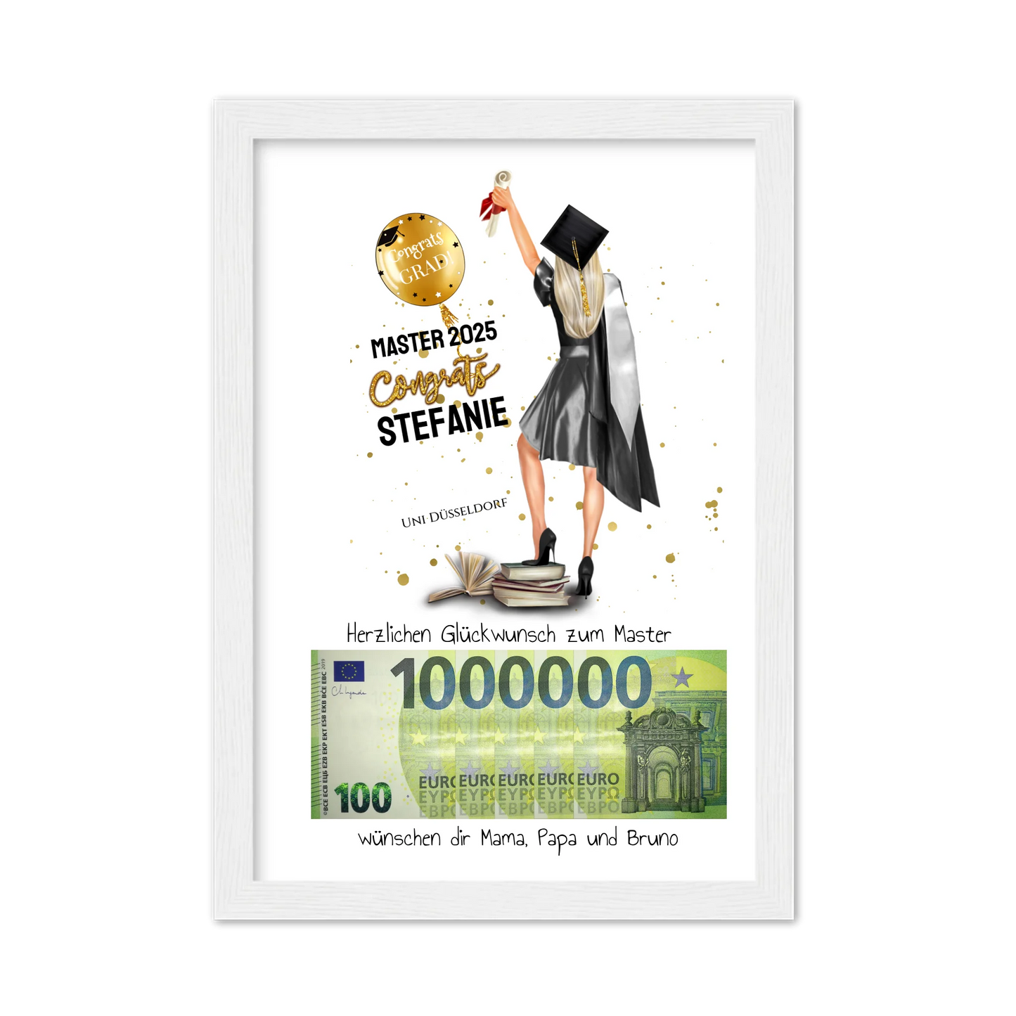 Geldgeschenk Wunscherfüller - Personalisiertes Abschlußgeschenk zum Abi, Bachelor, Master, Doktor - Frauen Gerahmtes Poster weiß Holzflair Weiß