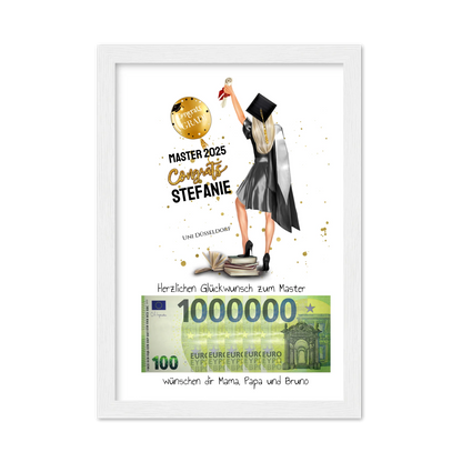 Geldgeschenk Wunscherfüller - Personalisiertes Abschlußgeschenk zum Abi, Bachelor, Master, Doktor - Frauen Gerahmtes Poster weiß Holzflair Weiß