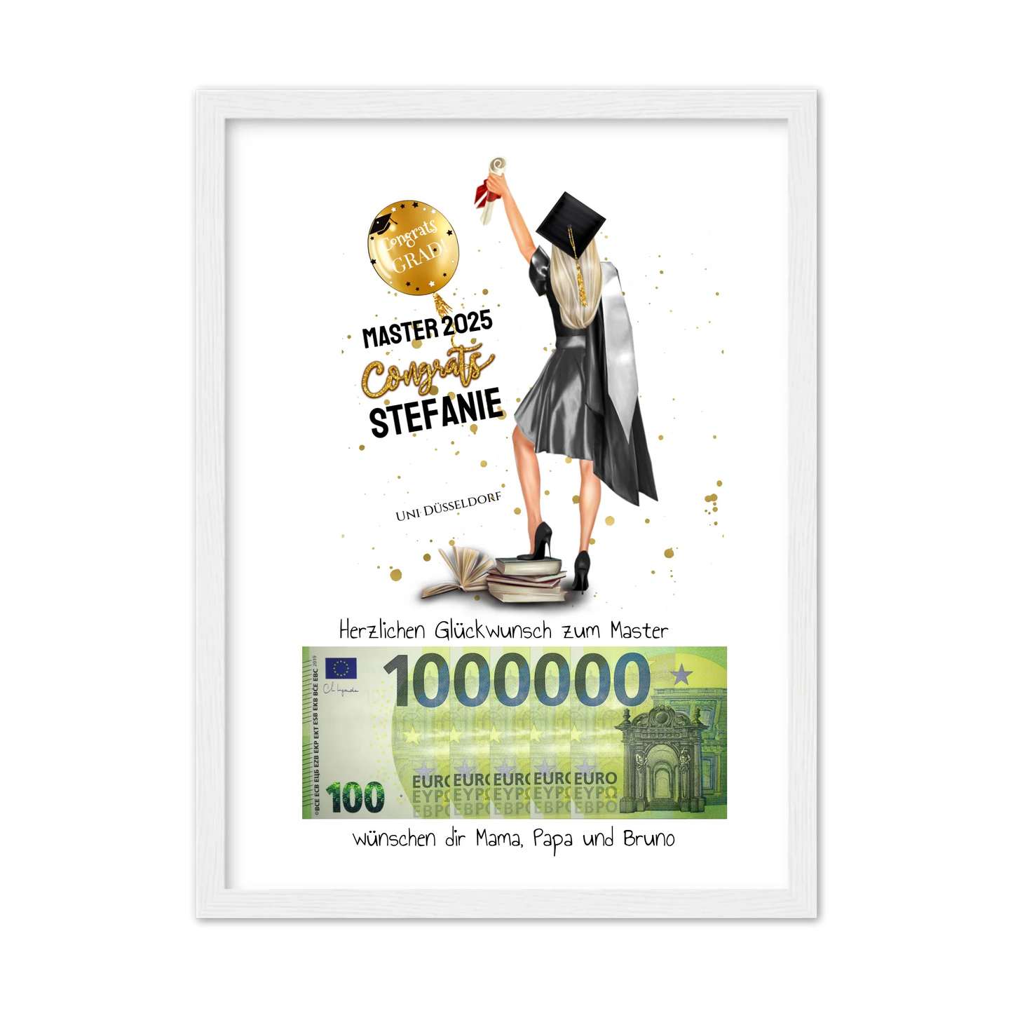 Geldgeschenk Wunscherfüller - Personalisiertes Abschlußgeschenk zum Abi, Bachelor, Master, Doktor - Frauen Gerahmtes Poster weiß Holzflair Weiß