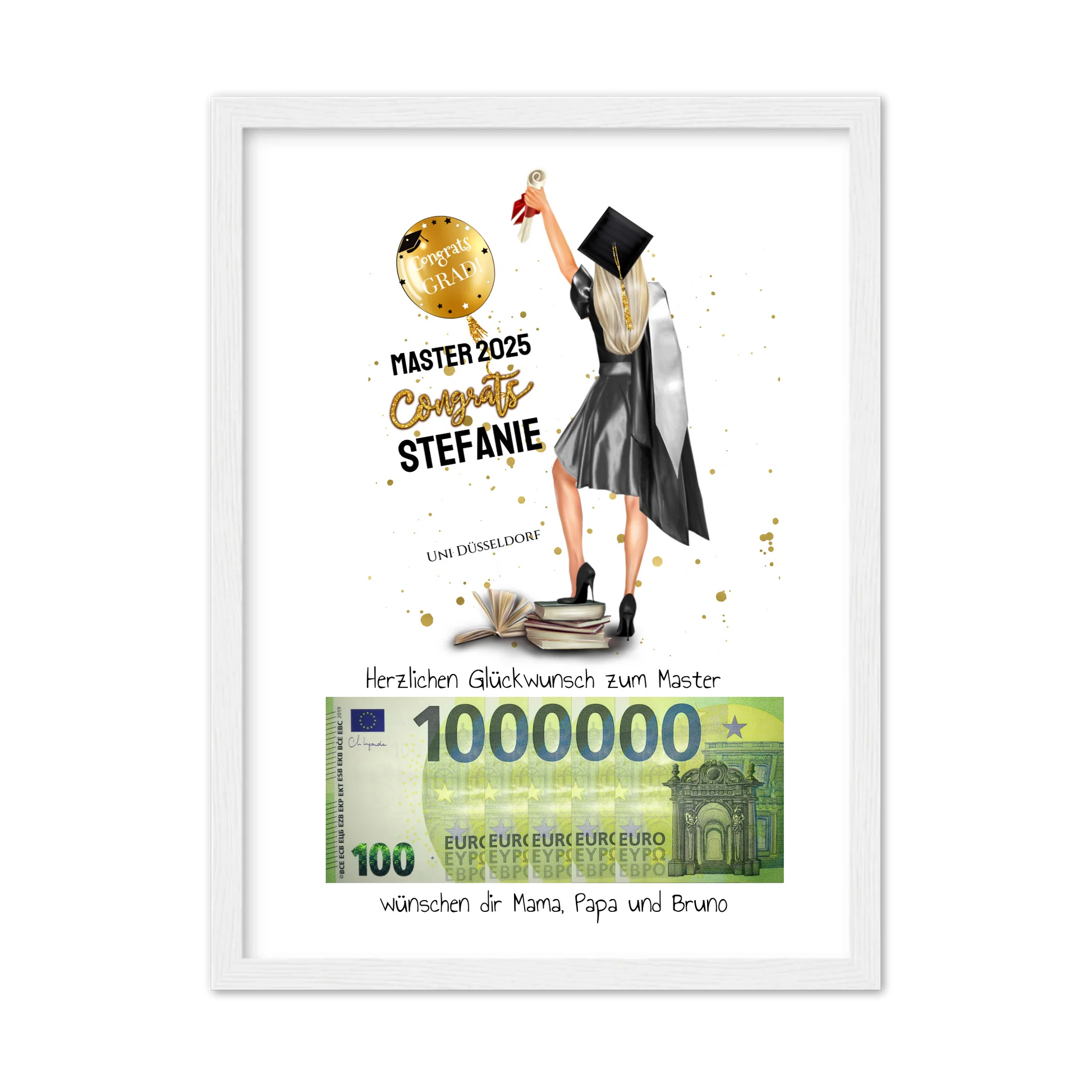 Geldgeschenk Wunscherfüller - Personalisiertes Abschlußgeschenk zum Abi, Bachelor, Master, Doktor - Frauen Gerahmtes Poster weiß Holzflair Weiß