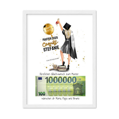 Geldgeschenk Wunscherfüller - Personalisiertes Abschlußgeschenk zum Abi, Bachelor, Master, Doktor - Frauen Gerahmtes Poster weiß Holzflair Weiß