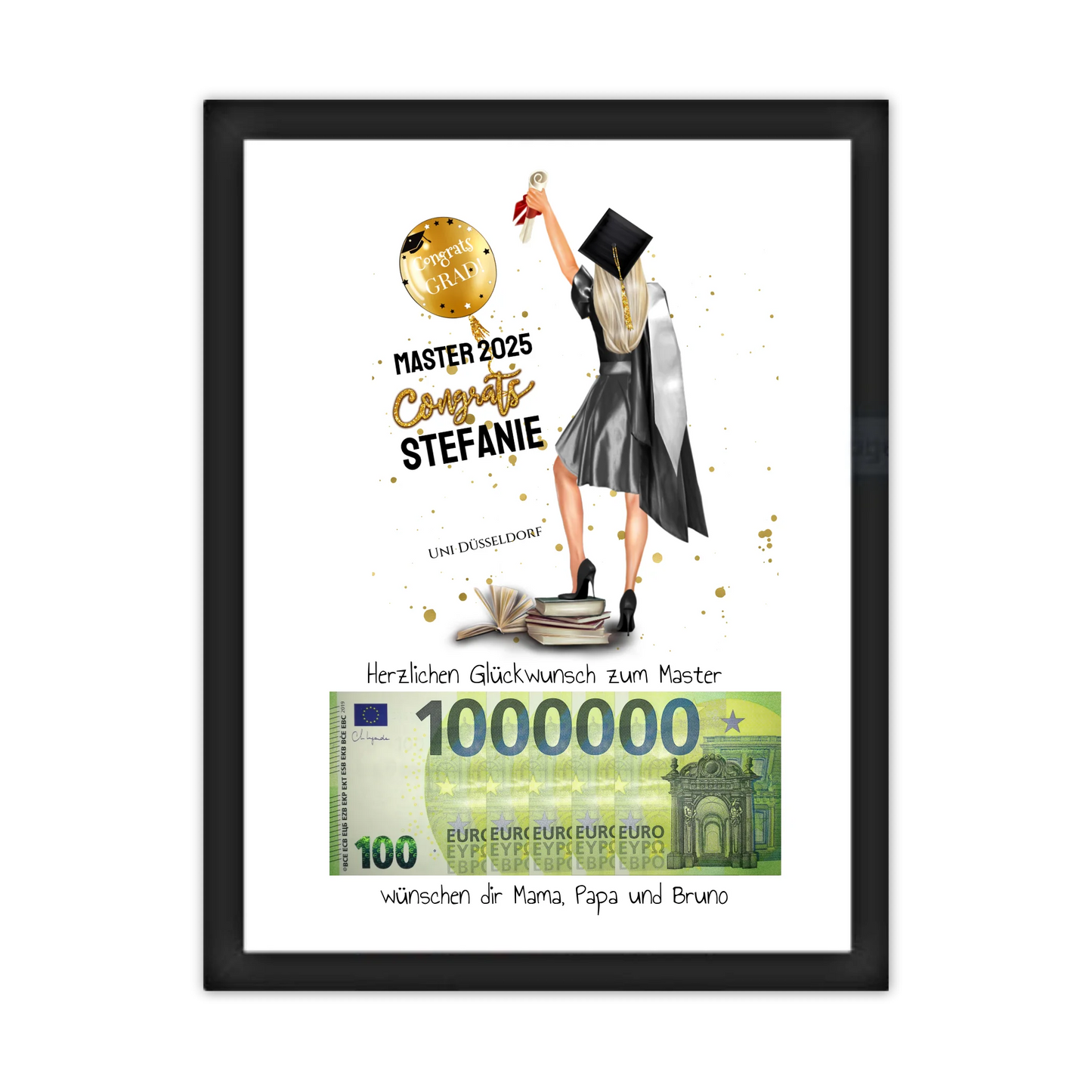 Geldgeschenk Wunscherfüller - Personalisiertes Abschlußgeschenk zum Abi, Bachelor, Master, Doktor - Frauen Gerahmtes Poster schwarz Holzflair Schwarz