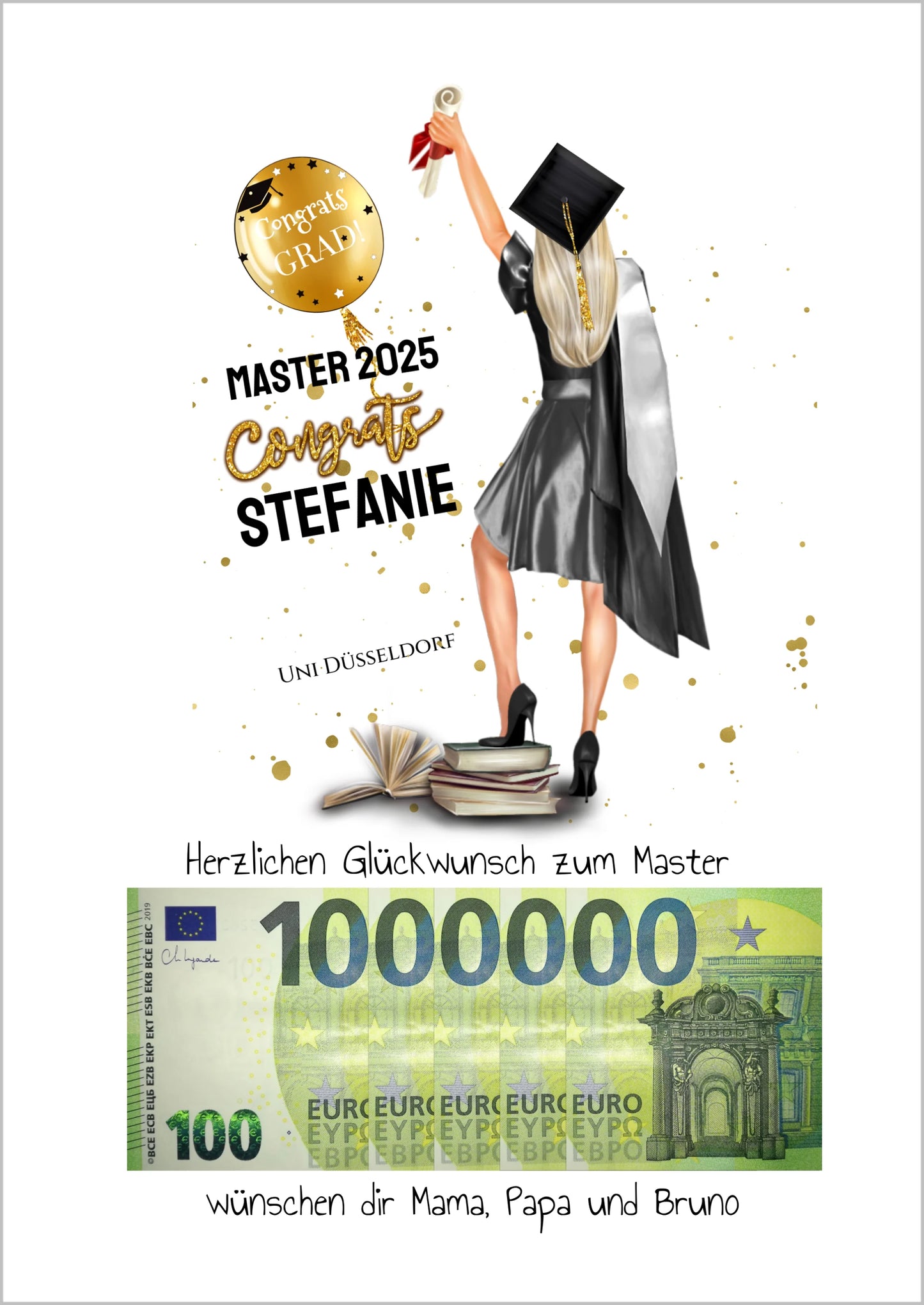 Geldgeschenk Wunscherfüller - Personalisiertes Abschlußgeschenk zum Abi, Bachelor, Master, Doktor - Frauen