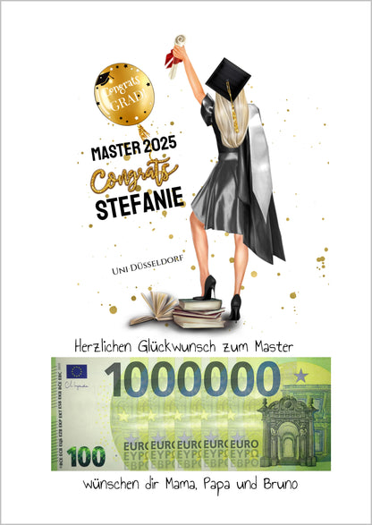 Geldgeschenk Wunscherfüller - Personalisiertes Abschlußgeschenk zum Abi, Bachelor, Master, Doktor - Frauen