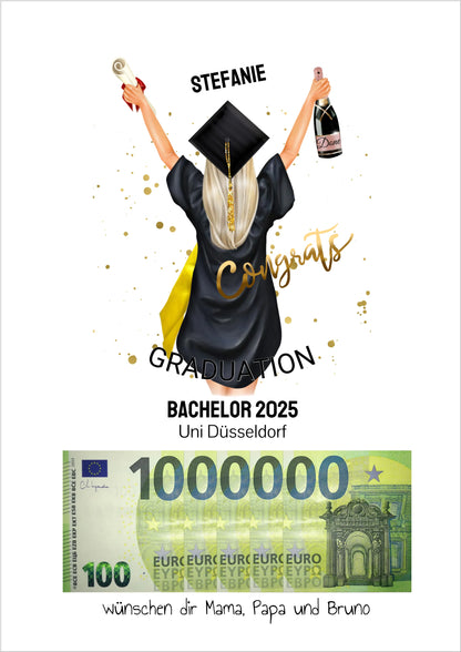 Geldgeschenk Wunscherfüller - Personalisiertes Abschlußgeschenk zum Abi, Bachelor, Master, Doktor - 1. Million - Frau