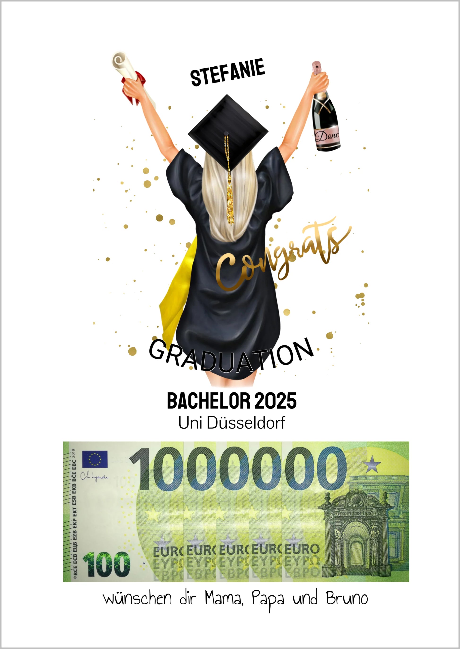 Geldgeschenk Wunscherfüller - Personalisiertes Abschlußgeschenk zum Abi, Bachelor, Master, Doktor - 1. Million - Frau