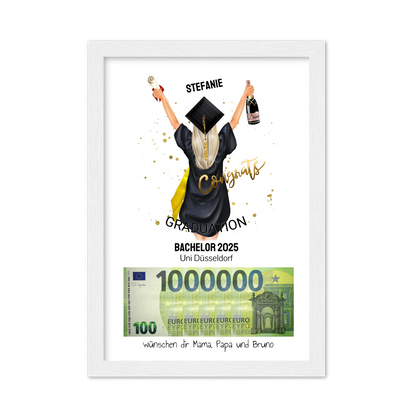 Geldgeschenk Wunscherfüller - Personalisiertes Abschlußgeschenk zum Abi, Bachelor, Master, Doktor - 1. Million - Frau Gerahmtes Poster weiß Holzflair Weiß