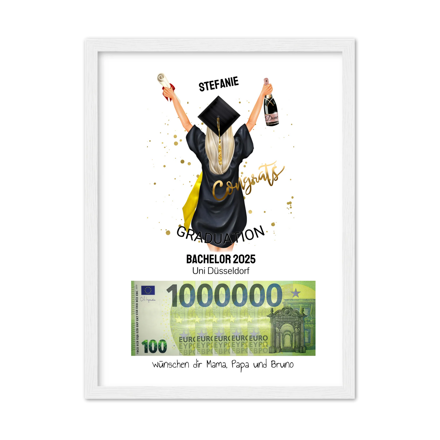 Geldgeschenk Wunscherfüller - Personalisiertes Abschlußgeschenk zum Abi, Bachelor, Master, Doktor - 1. Million - Frau Gerahmtes Poster weiß Holzflair Weiß
