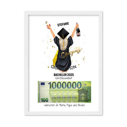 Geldgeschenk Wunscherfüller - Personalisiertes Abschlußgeschenk zum Abi, Bachelor, Master, Doktor - 1. Million - Frau Gerahmtes Poster weiß Holzflair Weiß