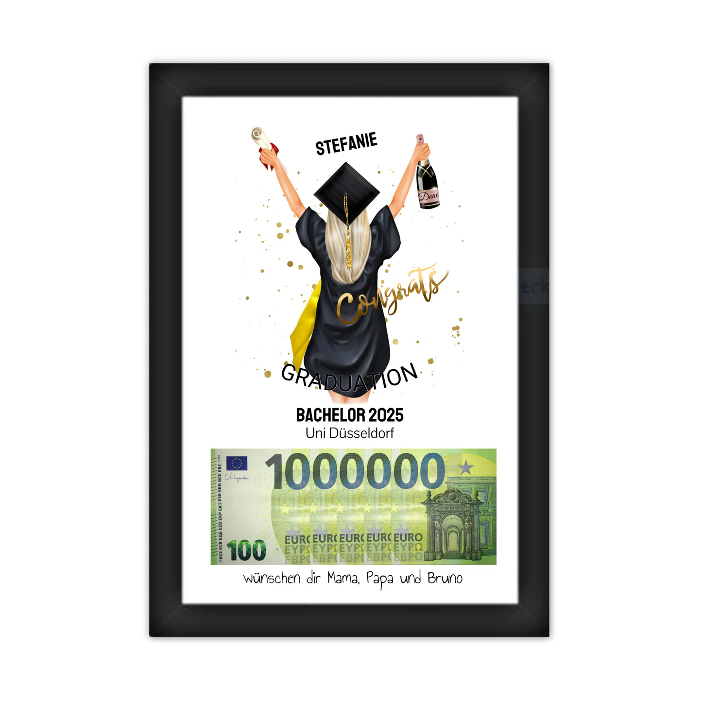 Geldgeschenk Wunscherfüller - Personalisiertes Abschlußgeschenk zum Abi, Bachelor, Master, Doktor - 1. Million - Frau Gerahmtes Poster schwarz Holzflair Schwarz