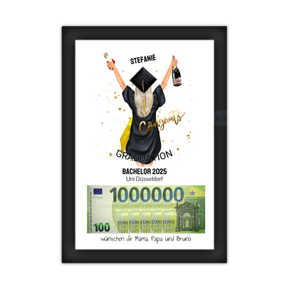 Geldgeschenk Wunscherfüller - Personalisiertes Abschlußgeschenk zum Abi, Bachelor, Master, Doktor - 1. Million - Frau Gerahmtes Poster schwarz Holzflair Schwarz