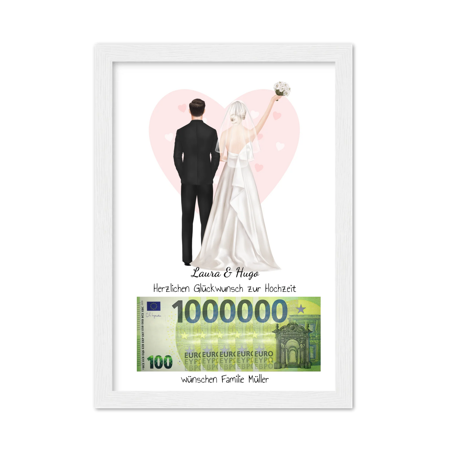 Personalisiertes Geldgeschenk zur Hochzeit "Brautpaar" – stilvolles Poster mit Namen & Datum Gerahmtes Poster weiß Holzflair Weiß