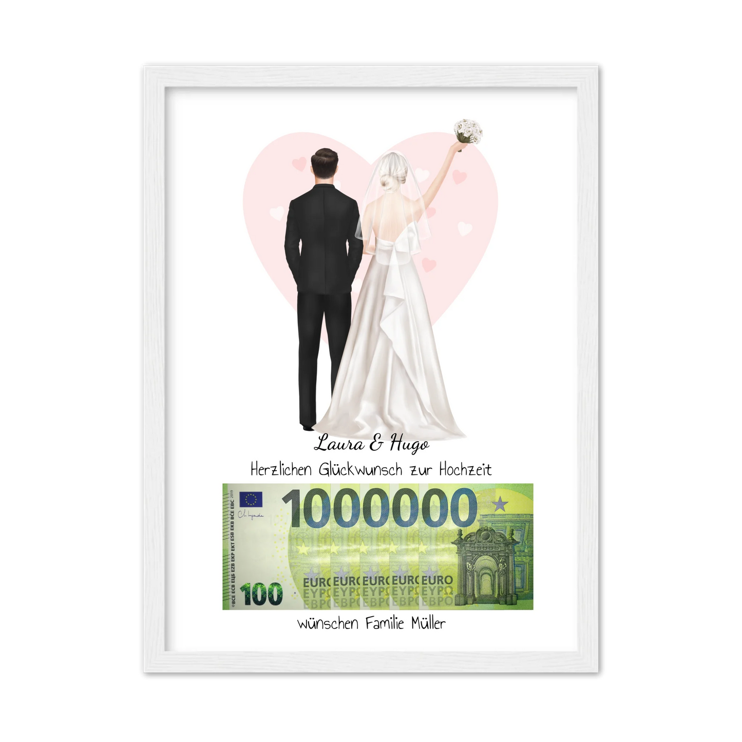 Personalisiertes Geldgeschenk zur Hochzeit "Brautpaar" – stilvolles Poster mit Namen & Datum Gerahmtes Poster weiß Holzflair Weiß