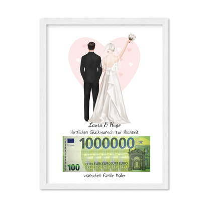 Personalisiertes Geldgeschenk zur Hochzeit "Brautpaar" – stilvolles Poster mit Namen & Datum Gerahmtes Poster weiß Holzflair Weiß