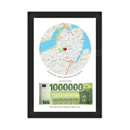 Personalisiertes Geldgeschenk für Reisen – Wunscherfüller Poster mit Namen & Reiseziel Gerahmtes Poster schwarz Holzflair Schwarz