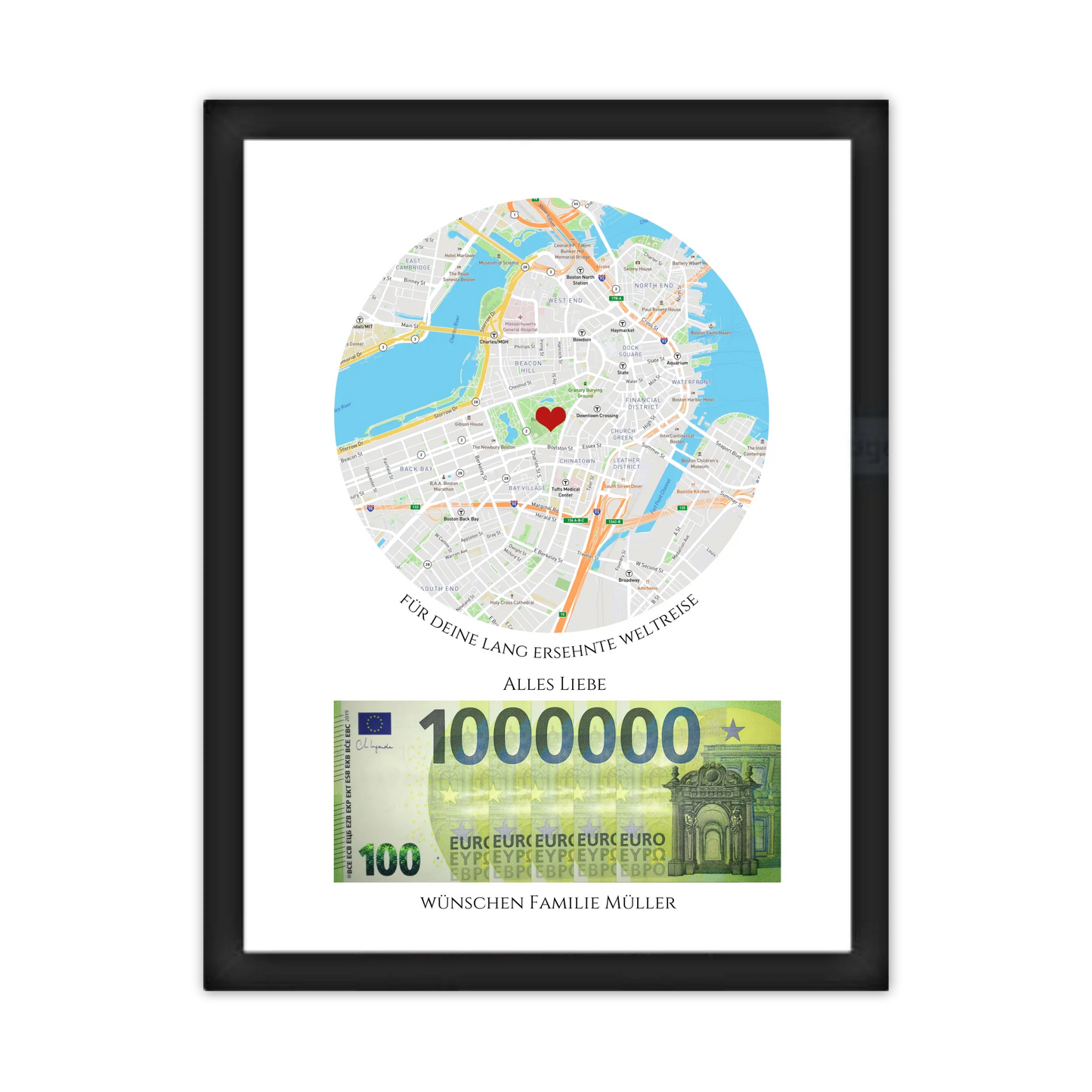 Personalisiertes Geldgeschenk für Reisen – Wunscherfüller Poster mit Namen & Reiseziel Gerahmtes Poster schwarz Holzflair Schwarz