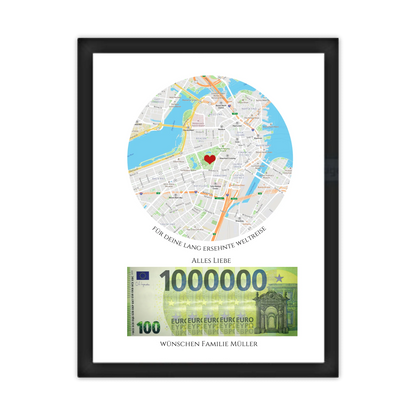 Personalisiertes Geldgeschenk für Reisen – Wunscherfüller Poster mit Namen & Reiseziel Gerahmtes Poster schwarz Holzflair Schwarz