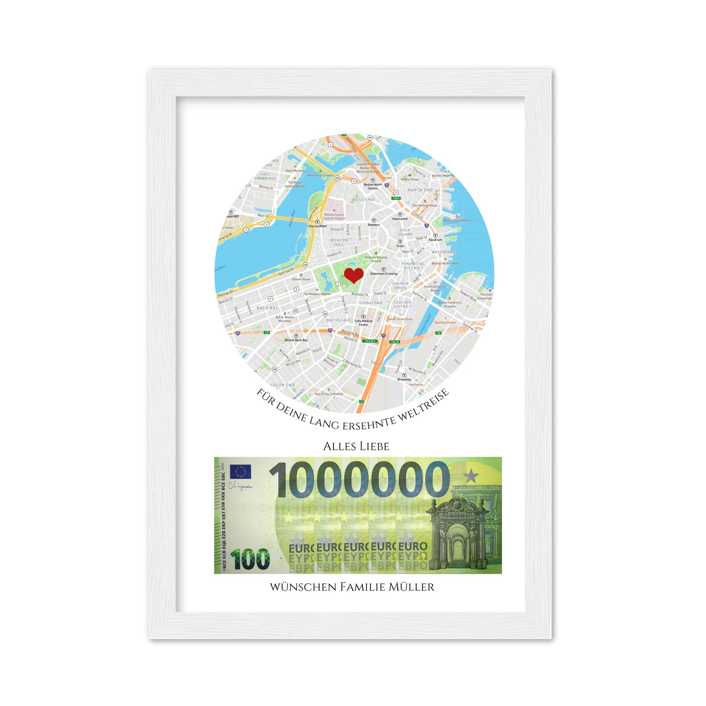 Personalisiertes Geldgeschenk für Reisen – Wunscherfüller Poster mit Namen & Reiseziel Gerahmtes Poster weiß Holzflair Weiß