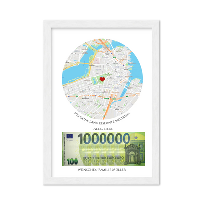 Personalisiertes Geldgeschenk für Reisen – Wunscherfüller Poster mit Namen & Reiseziel Gerahmtes Poster weiß Holzflair Weiß