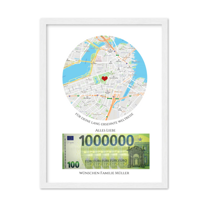 Personalisiertes Geldgeschenk für Reisen – Wunscherfüller Poster mit Namen & Reiseziel Gerahmtes Poster weiß Holzflair Weiß