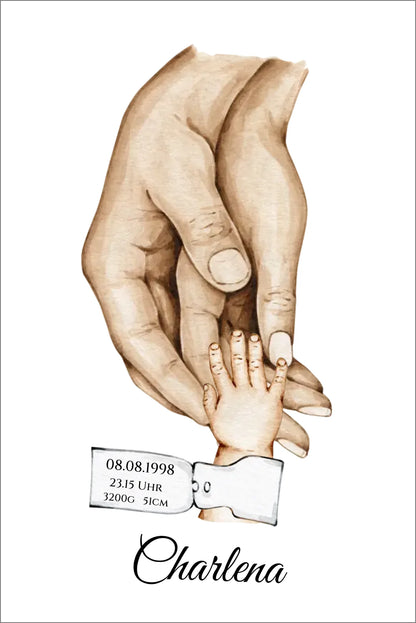 Poster Familie mit  Baby Namen und Datum | Personalisiertes Familiengeschenk als Familienposter Geschenk Geburt | Taufgeschenk mit Hände Motiv