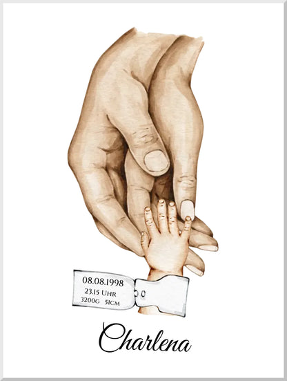 Poster Familie mit  Baby Namen und Datum | Personalisiertes Familiengeschenk als Familienposter Geschenk Geburt | Taufgeschenk mit Hände Motiv